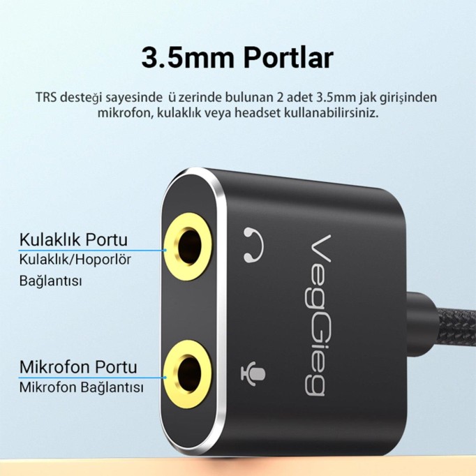 VegGieg Type-C Ses Kartı 3.5mm Kulaklık ve Mikrofon Girişli