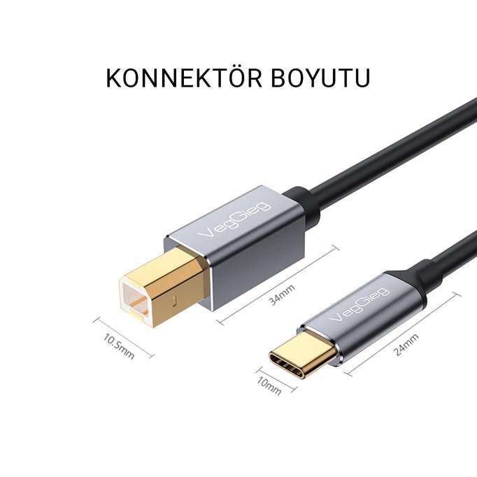 VegGieg Type-C to USB-B Yazıcı Kablosu 1.5 Metre