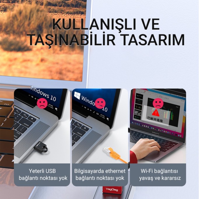 Veggieg USB 2.0 to 100Mbps RJ45 Ethernet LAN Çevirici ve 3 Portlu USB 2.0 Hub Çoklayıcı Adaptör