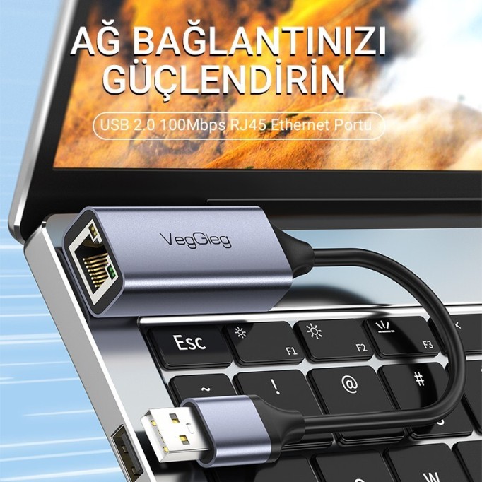 Veggieg USB 2.0 to 100Mbps RJ45 Lan Ethernet İnternet Bağlantı Çevirici Dönüştürücü Adaptör