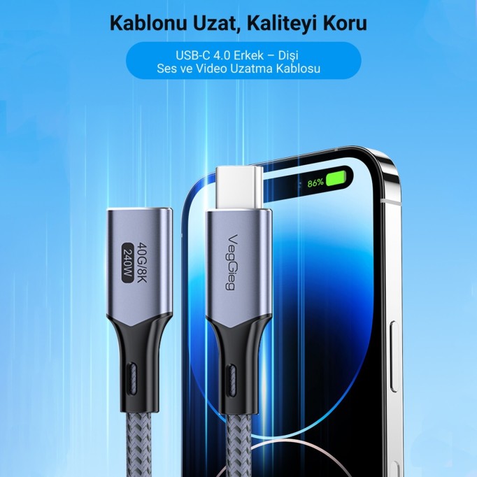 Veggieg USB 4.0 240W 40Gbps E-Mark Thunderbolt 4 8K 60Hz Type-C Uzatma Kablosu 1 Metre