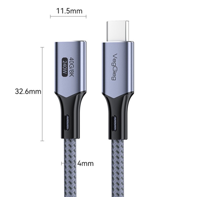Veggieg USB 4.0 240W 40Gbps E-Mark Thunderbolt 4 8K 60Hz Type-C Uzatma Kablosu 1 Metre