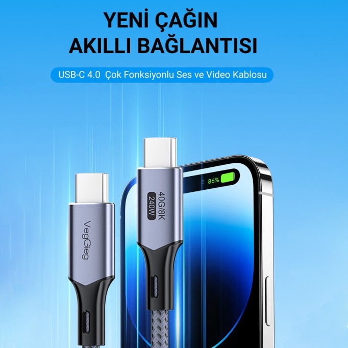 Veggieg USB 4.0 240W PD 40Gbps 8K 60Hz E-Mark Çipli Thunderbolt 4 Uyumlu Type-C to Type-C Görüntü Hızlı Şarj ve Data Aktarım Kablosu 1 Metre