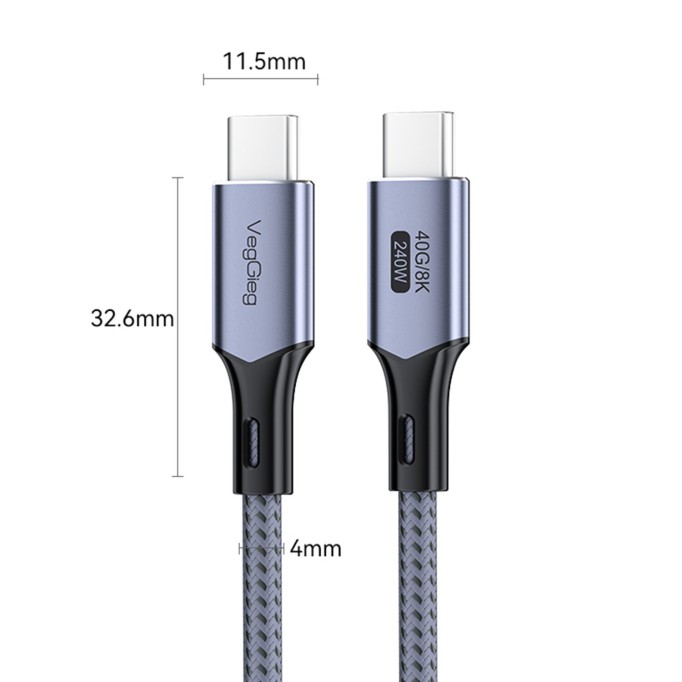 Veggieg USB 4.0 240W PD 40Gbps 8K 60Hz E-Mark Çipli Thunderbolt 4 Uyumlu Type-C to Type-C Görüntü Hızlı Şarj ve Data Aktarım Kablosu 1 Metre