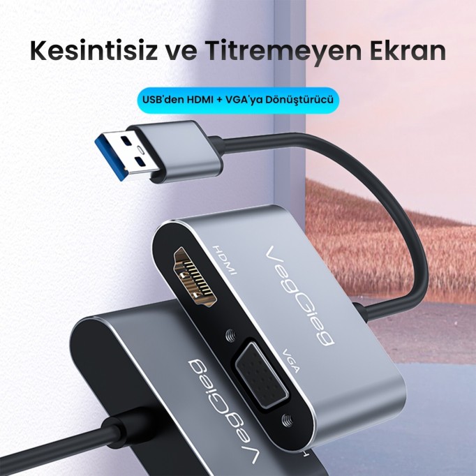 VegGieg USB-A to 4K 30Hz HDMI ve 1080P 60Hz VGA Görüntü Çevirici Kablo