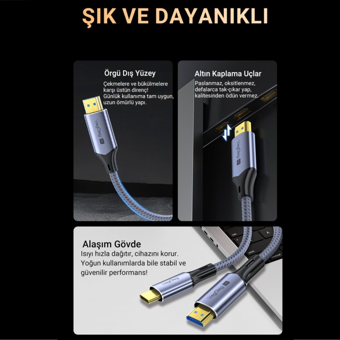 Veggieg USB-C to HDMI Kablo 8K@60Hz 4K@240Hz 48Gbps HDR 3D Destekli Örgülü Görüntü Aktarım Kablosu 2 Metre