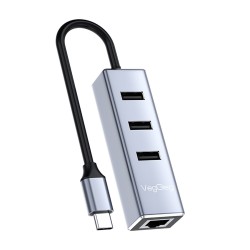 Veggieg USB Type-C to 100Mbps RJ45 Ethernet LAN Çevirici ve 3 Portlu USB 2.0 Hub Çoklayıcı Adaptör