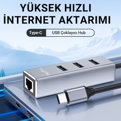 Veggieg USB Type-C to 100Mbps RJ45 Ethernet LAN Çevirici ve 3 Portlu USB 2.0 Hub Çoklayıcı Adaptör