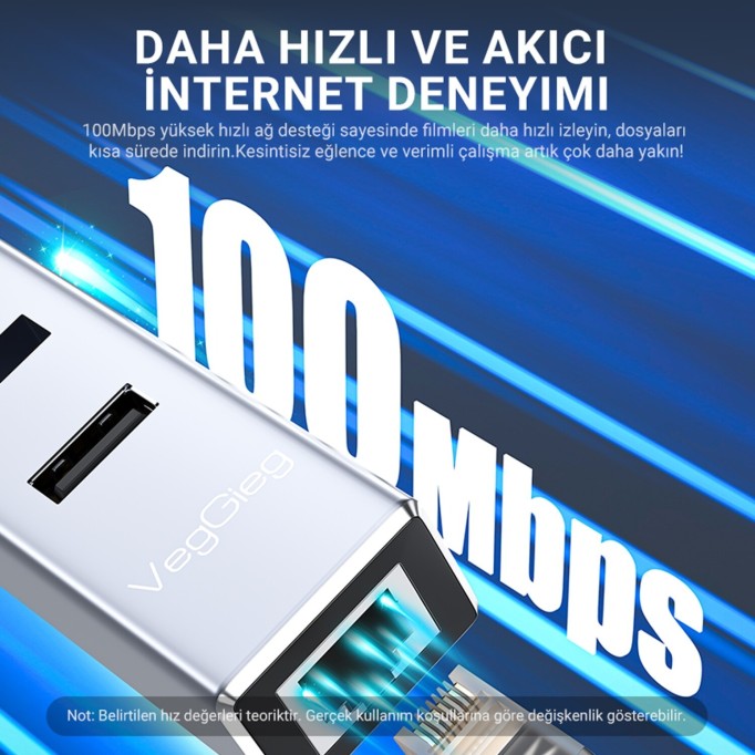Veggieg USB Type-C to 100Mbps RJ45 Ethernet LAN Çevirici ve 3 Portlu USB 2.0 Hub Çoklayıcı Adaptör
