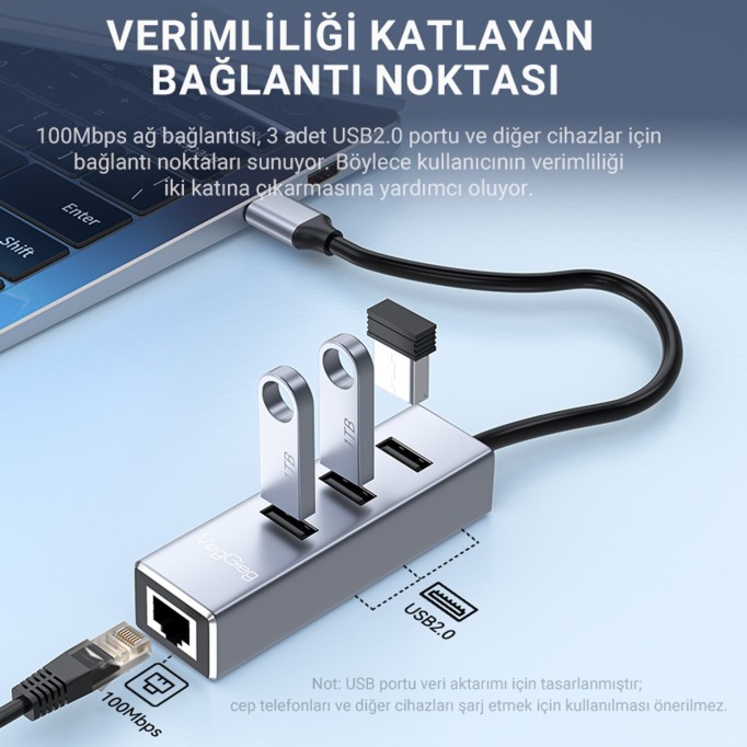 Veggieg USB Type-C to 100Mbps RJ45 Ethernet LAN Çevirici ve 3 Portlu USB 2.0 Hub Çoklayıcı Adaptör