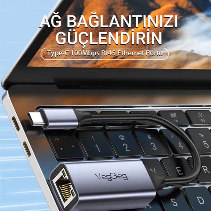 Veggieg USB Type-C to 100Mbps RJ45 Lan Ethernet İnternet Bağlantı Çevirici Dönüştürücü Adaptör