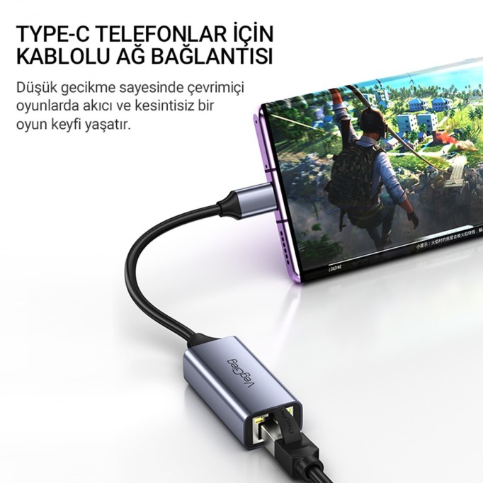 Veggieg USB Type-C to 100Mbps RJ45 Lan Ethernet İnternet Bağlantı Çevirici Dönüştürücü Adaptör