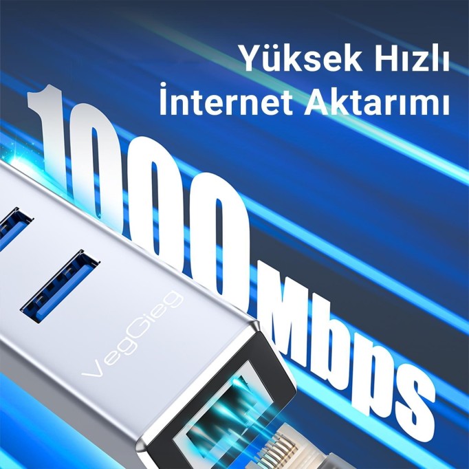 VegGieg USB ve Type-C Gigabit Ethernet Adaptörü 3 Port USB 3.0 Çoklayıcı Hub