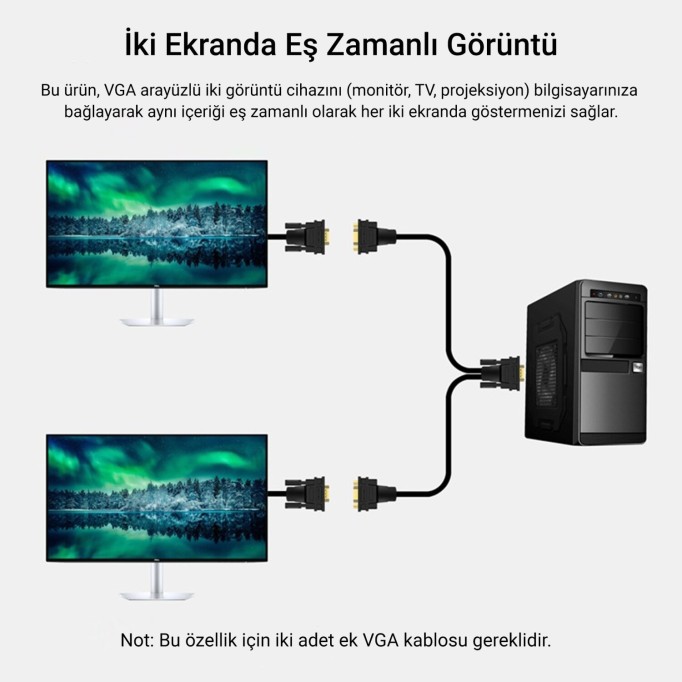 Veggieg VGA Splitter Kablo 1 Erkek to 2 Dişi Görüntü Çoklayıcı Ayırıcı Y Adaptör