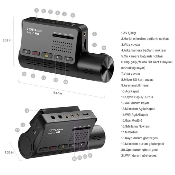 Viofo A139 Çift Kameralı WiFi GPS Modüllü 2K Araç Kamerası