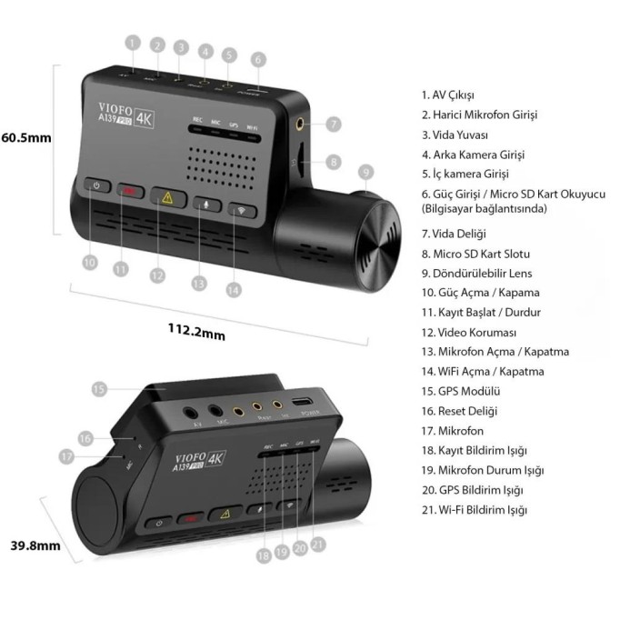 Viofo A139 Pro 3 Kameralı Ön-Arka-iç 4K HDR 5GHz WiFi GPS'li Araç Kamerası