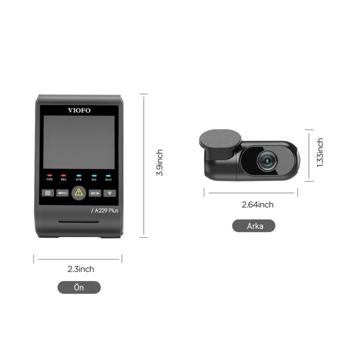 Viofo A229 Plus 2 Kameralı Ön+Arka 2K+2K HDR Sony Starvis 2 Sensörlü Wi-Fi GPS'li Araç Kamerası