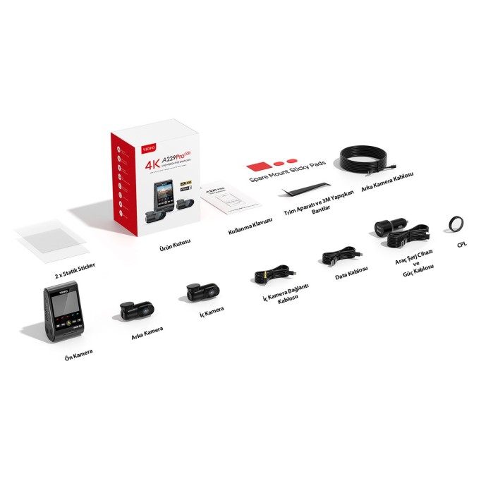 Viofo A229 Pro 3 Kameralı Ön-İç-Arka 4K+2K+1080P HDR Sony Starvis 2 WiFi GPS’li Araç Kamerası