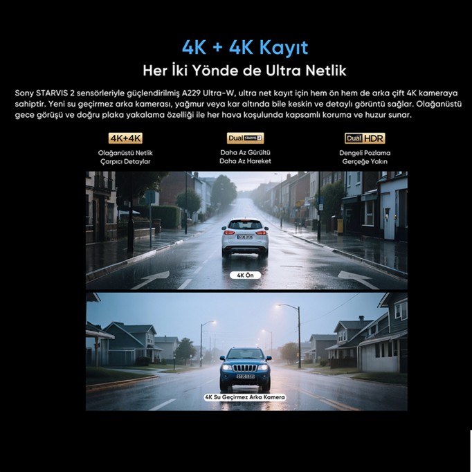 Viofo A229 Ultra 2 Kameralı Ön ve Arka Dış Su Geçirmez 4K+4K Sony Starvis 2 Sensörlü Dual HDR Wi-Fi 6 GPS'li Araç Kamerası