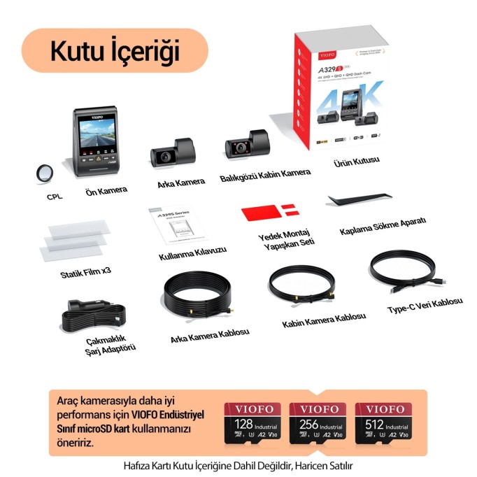 Viofo A329S 3 Kameralı Ön+Arka+İç 4K+2K+2K Wi-Fi 6 HDR Sony STARVIS 2 Sensör GPS'li SSD Destekli Araç Kamerası