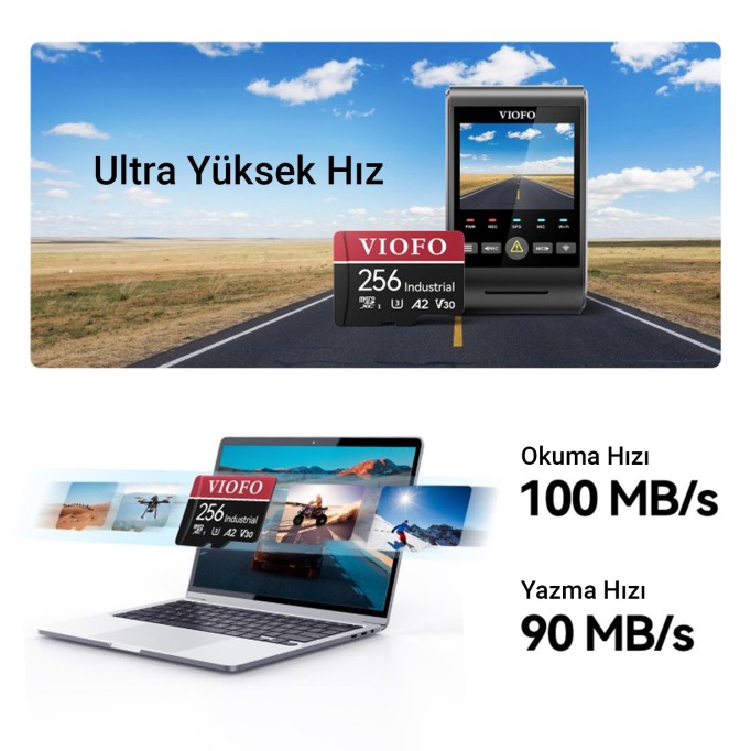 Viofo High Endurance Class 10 A2 V30 100MB/s Okuma 90MB/s Yazma Micro SD Hafıza Kartı 256GB