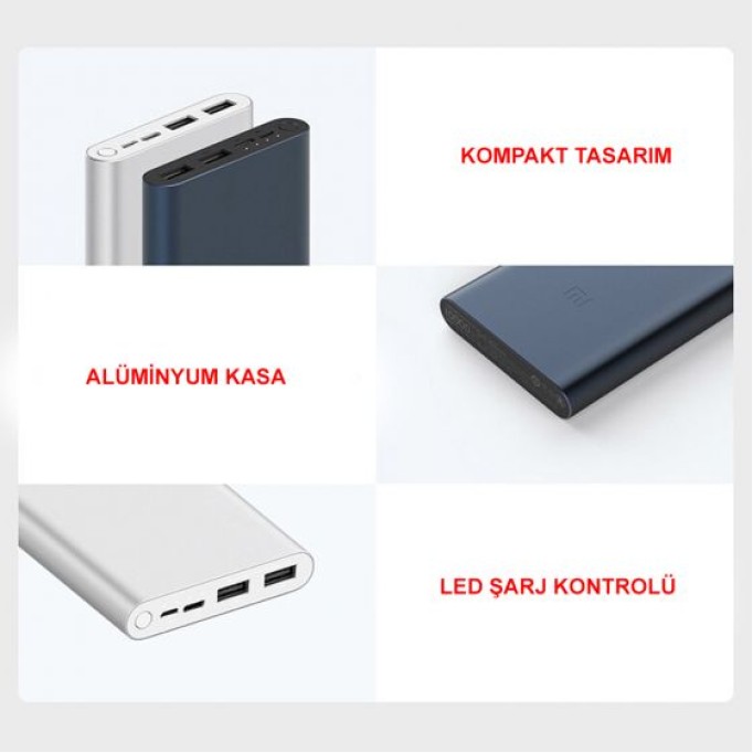 Xiaomi Mi 10000 mAh Hızlı Şarj Destekli Powerbank Gümüş