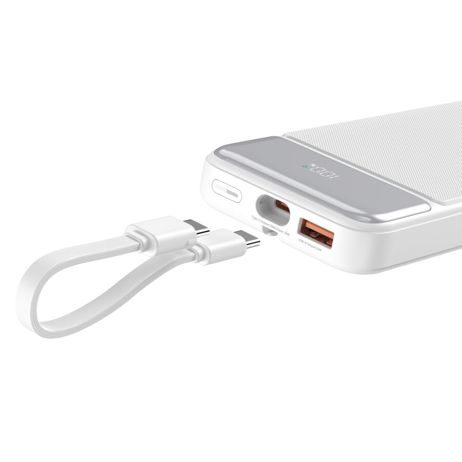 Juo 10000 mAh 22.5W Led Ekranlı Lightning ve Type-C Kablolu Powerbank Taşınabilir Hızlı Şarj Cihazı Beyaz - 3