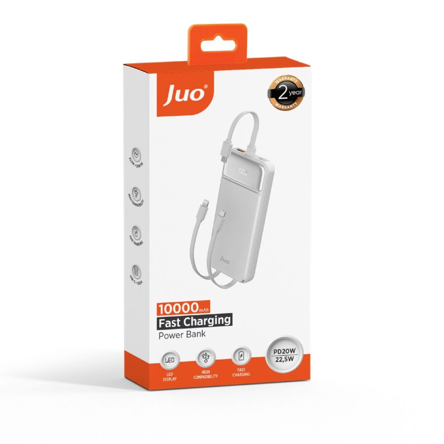 Juo 10000 mAh 22.5W Led Ekranlı Lightning ve Type-C Kablolu Powerbank Taşınabilir Hızlı Şarj Cihazı Beyaz - 7