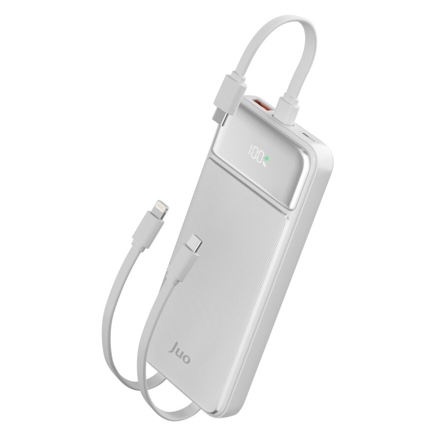 Juo 10000 mAh 22.5W Led Ekranlı Lightning ve Type-C Kablolu Powerbank Taşınabilir Hızlı Şarj Cihazı Beyaz - 1