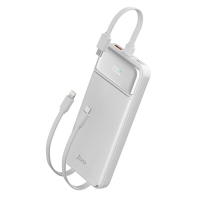 Juo 10000 mAh 22.5W Led Ekranlı Lightning ve Type-C Kablolu Powerbank Taşınabilir Hızlı Şarj Cihazı Beyaz