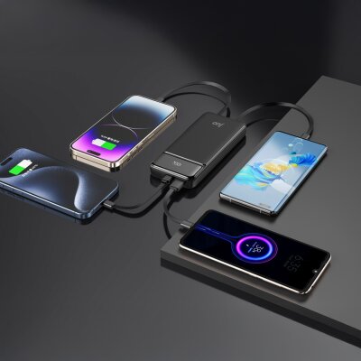 Juo 10000 mAh 22.5W Led Ekranlı Lightning ve Type-C Kablolu Powerbank Taşınabilir Hızlı Şarj Cihazı Siyah - 4