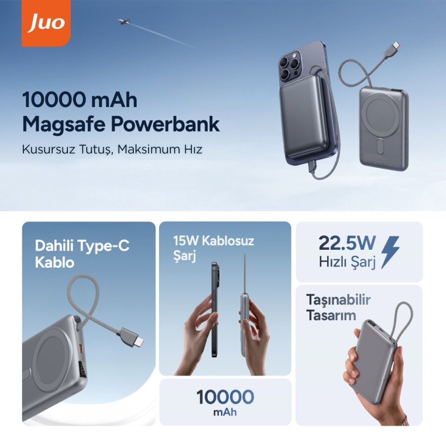 Juo 10000 mAh MagSafe Saat Uyumlu Powerbank Standlı PD 22.5W Taşınabilir Kablosuz Hızlı Şarj Cihazı - 2