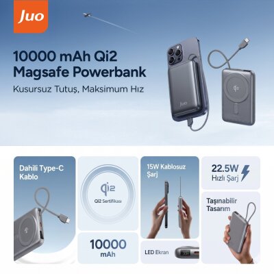 Juo 10000 mAh Qi2 MagSafe Powerbank Standlı PD 22.5W Taşınabilir Kablosuz Hızlı Şarj Cihazı - 2