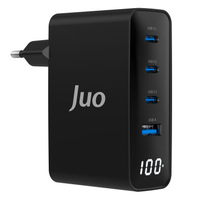 Juo 100W GaN Led Ekranlı 3 Type-C + USB-A Hızlı Şarj Cihazı iPhone & Macbook & Notebook Şarj Aleti