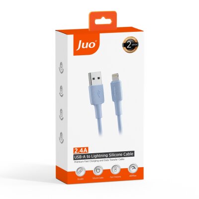 Juo 12W 2.4A USB-A to Lightning iPhone iPad Silikon Hızlı Şarj ve Data Kablosu Mavi 1 Metre - 7