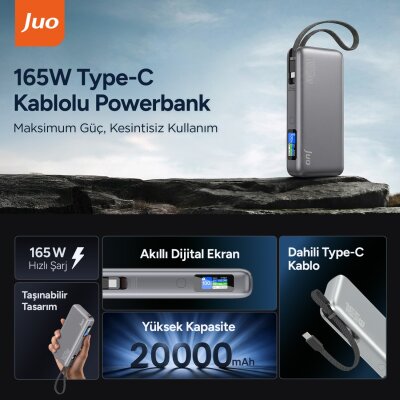 Juo 20000 mAh 165W LED Ekranlı USB-A + Type-C Kablolu Taşınabilir PD Hızlı Şarj Cihazı Powerbank - 2