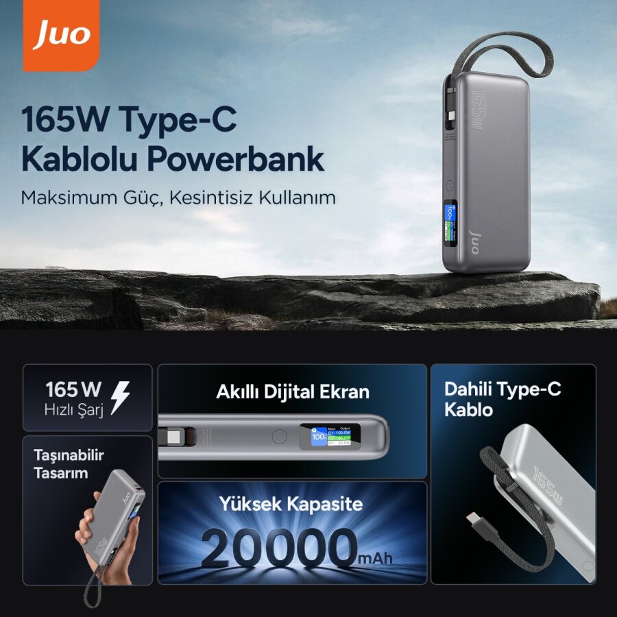 Juo 20000 mAh 165W LED Ekranlı USB-A + Type-C Kablolu Taşınabilir PD Hızlı Şarj Cihazı Powerbank - 2