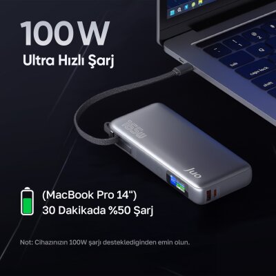 Juo 20000 mAh 165W LED Ekranlı USB-A + Type-C Kablolu Taşınabilir PD Hızlı Şarj Cihazı Powerbank - 4