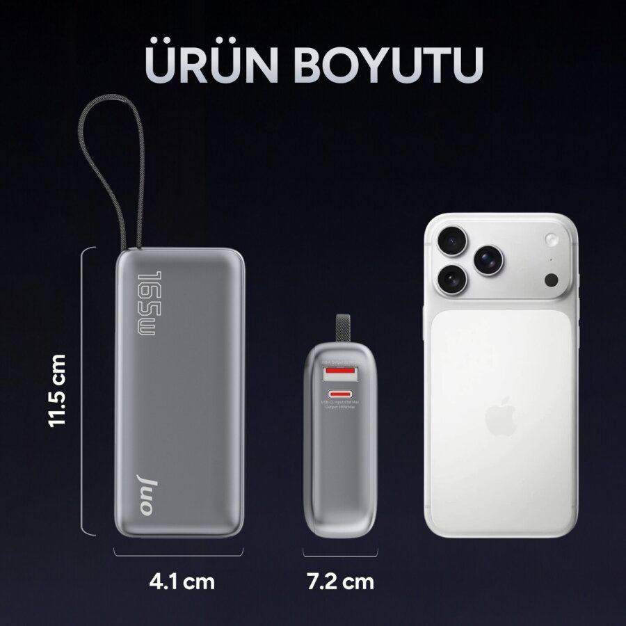 Juo 20000 mAh 165W LED Ekranlı USB-A + Type-C Kablolu Taşınabilir PD Hızlı Şarj Cihazı Powerbank - 8
