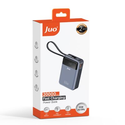Juo 20000 mAh 65W LED Ekranlı USB-A + Type-C Kablolu Taşınabilir Hızlı Şarj Cihazı Powerbank - 8