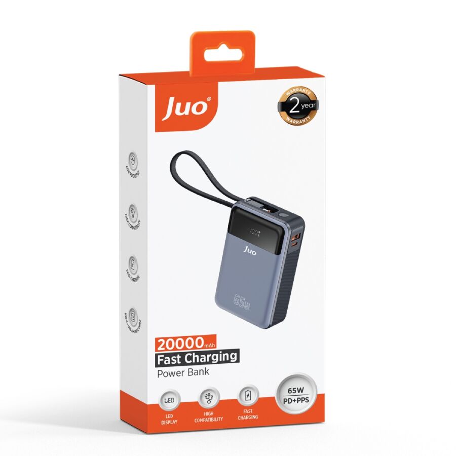 Juo 20000 mAh 65W LED Ekranlı USB-A + Type-C Kablolu Taşınabilir Hızlı Şarj Cihazı Powerbank - 8