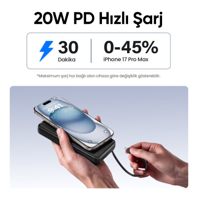 Juo 20000mAh 22.5W Led Ekranlı Lightning ve Type-C Kablolu Powerbank Taşınabilir Hızlı Şarj Cihazı Beyaz - 4