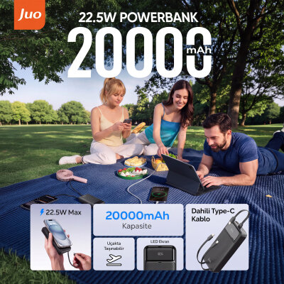 Juo 20000mAh 22.5W Led Ekranlı Lightning ve Type-C Kablolu Powerbank Taşınabilir Hızlı Şarj Cihazı Siyah - 2