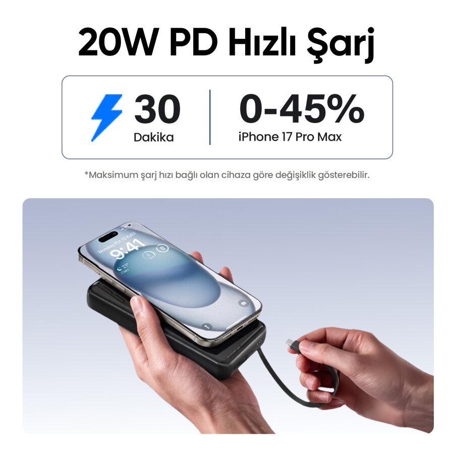 Juo 20000mAh 22.5W Led Ekranlı Lightning ve Type-C Kablolu Powerbank Taşınabilir Hızlı Şarj Cihazı Siyah - 4