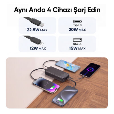 Juo 20000mAh 22.5W Led Ekranlı Lightning ve Type-C Kablolu Powerbank Taşınabilir Hızlı Şarj Cihazı Siyah - 6