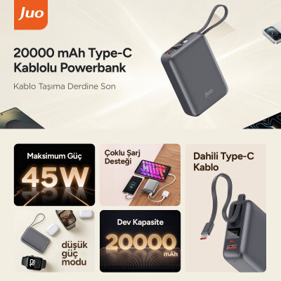 Juo 20000mAh 45W LED Ekranlı USB-A + Type-C Dahili Kablolu Powerbank Taşınabilir PD Hızlı Şarj Cihazı - 2