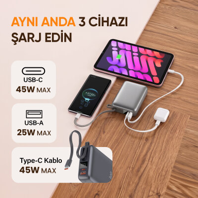 Juo 20000mAh 45W LED Ekranlı USB-A + Type-C Dahili Kablolu Powerbank Taşınabilir PD Hızlı Şarj Cihazı - 3