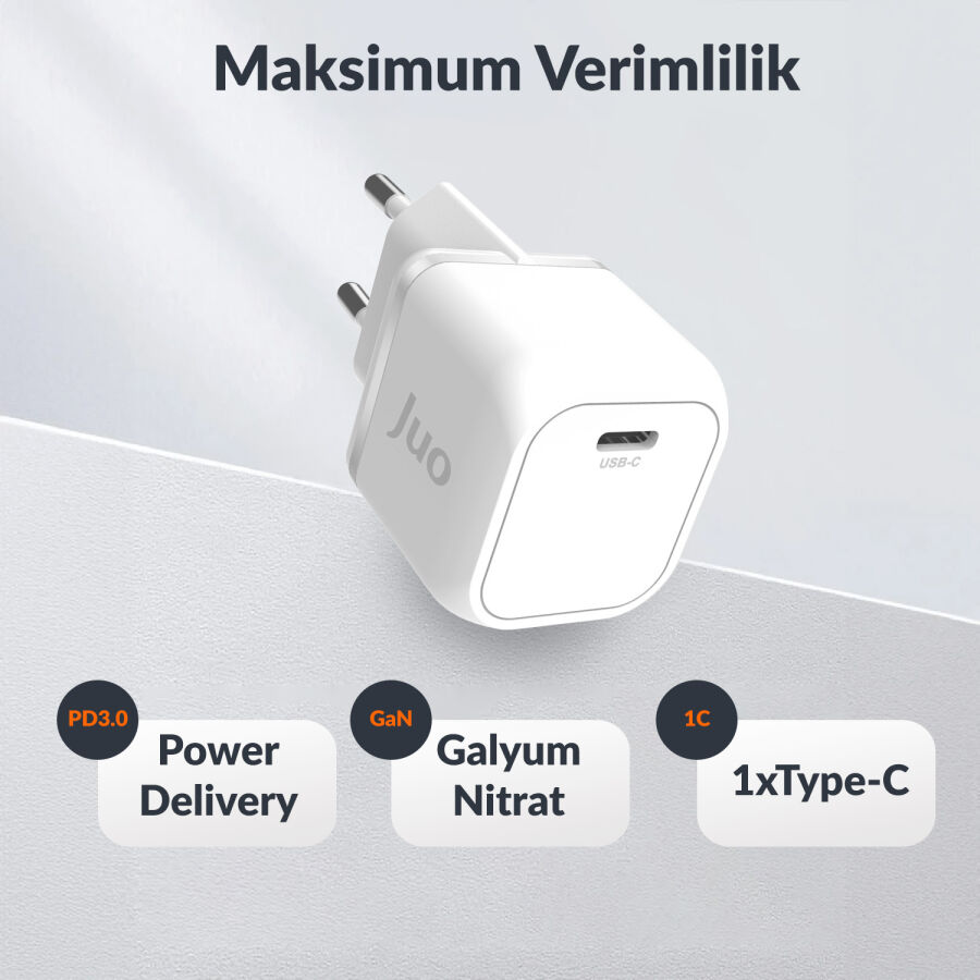 Juo 20W GaN USB-C Şarj Aleti iPhone & iPad & Android Uyumlu PD QC4.0 Type-C Hızlı Şarj Cihazı Beyaz - 6