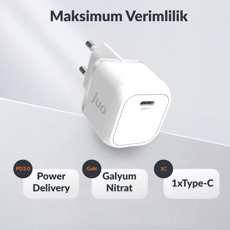 Juo 20W GaN USB-C Şarj Aleti iPhone & iPad & Android Uyumlu PD QC4.0 Type-C Hızlı Şarj Cihazı Beyaz - 6