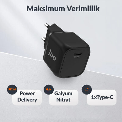 Juo 20W GaN USB-C Şarj Aleti iPhone & iPad & Android Uyumlu PD QC4.0 Type-C Hızlı Şarj Cihazı Siyah - 6